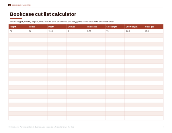 Preview of Printable Bookcase Cut List Calculator