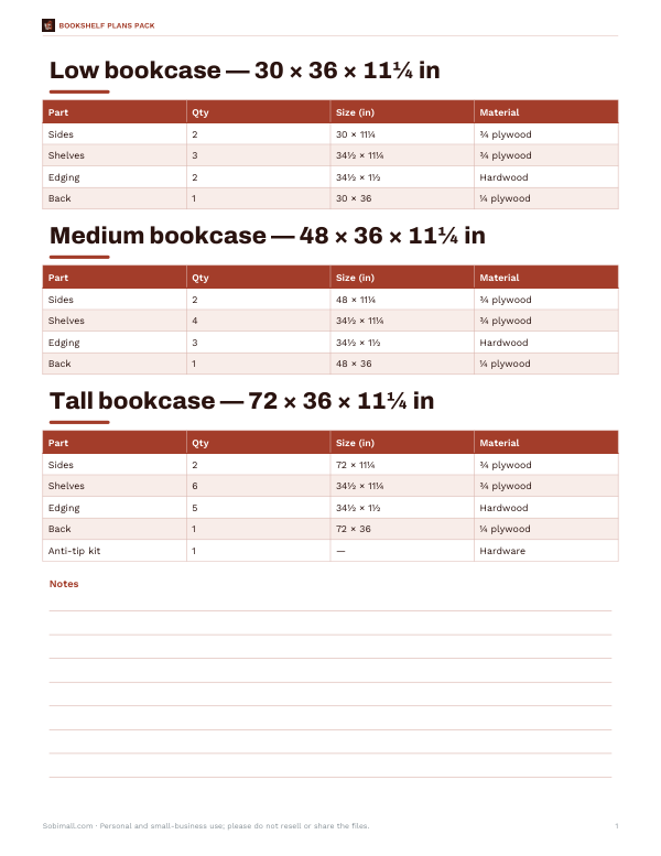 Preview of Printable Bookcase Plans Chart